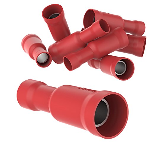 AUPROTEC 25x Rundsteckhülsen 0,5-1,5 mm² rot Vollisoliert PVC weibliche Quetschverbinder FRD Kabel Verbinder aus Messing verzinnt von AUPROTEC