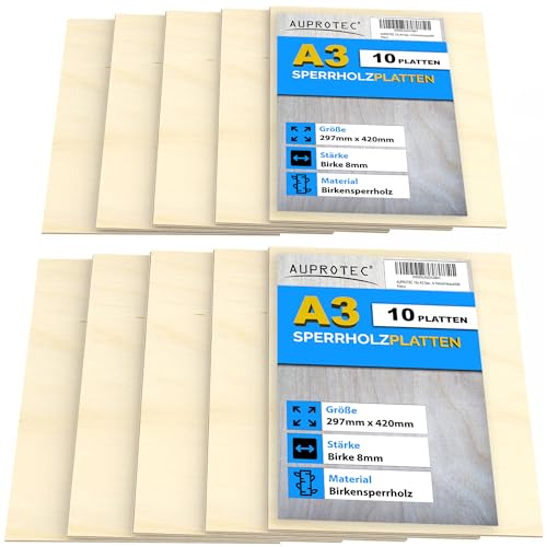 AUPROTEC 10x A3 Sperrholz-Platten Birke 8mm Multiplexplatten (297 mm x 420 mm) Bastel- und Laubsäge-Holzplatten Birke Massiv Multiplex Holz Industriequalität von AUPROTEC