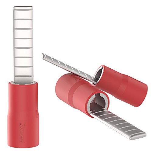 AUPROTEC 10x Flachstiftstecker 0,5 mm² - 1,5 mm² rot Stiftabmessung 3 x 14 mm teilisolierte PVC Flachstiftkabelschuhe flache Bauform DBV Kabel-Verbinder aus Kupfer verzinnt von AUPROTEC