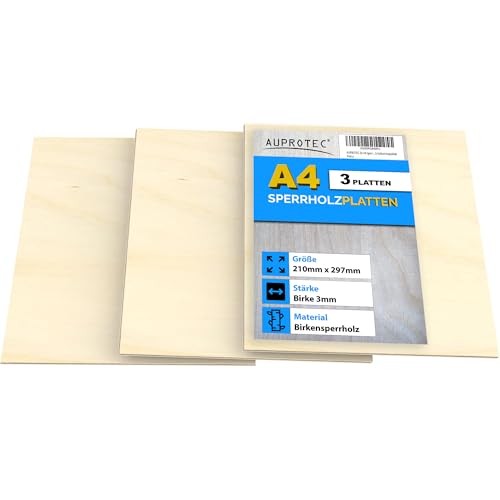 AUPROTEC 3x A4 Sperrholz-Platten Birke 3mm Multiplexplatten (210 mm x 297 mm) Bastel- und Laubsäge-Holzplatten Birke Massiv Multiplex Holz Industriequalität von AUPROTEC