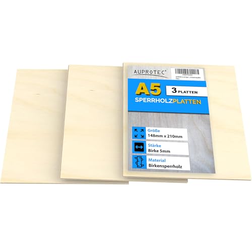 AUPROTEC 3x A5 Sperrholz-Platten Birke 5mm Multiplexplatten (148 mm x 210 mm) Bastel- und Laubsäge-Holzplatten Birke Massiv Multiplex Holz Industriequalität von AUPROTEC