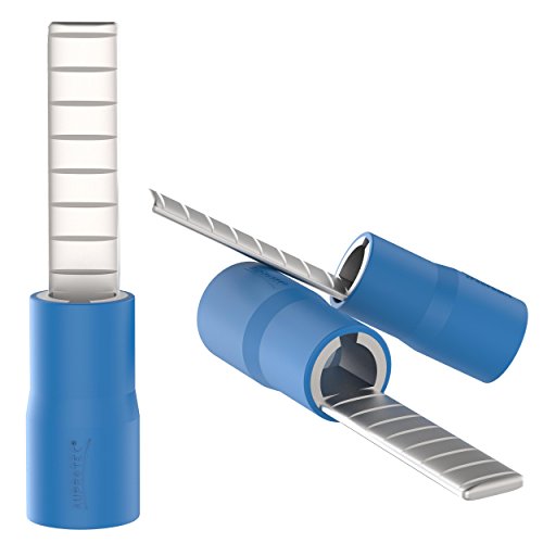 AUPROTEC 50x Flachstiftstecker 1,5 mm² - 2,5 mm² blau Stiftabmessung 2,2 x 18 mm teilisolierte PVC Flachstiftkabelschuhe Flache Bauform DBV Kabel-Verbinder aus Kupfer verzinnt von AUPROTEC