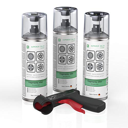 AUPROTEC Lackspray AUPRORIM SOLID Felgensilber Sprühlack Felgenspray Auto Lack Spray Silber 3x 400ml + 1x Original Pistolengriff von AUPROTEC