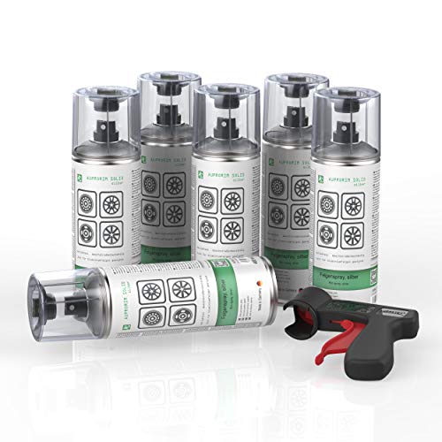 AUPROTEC Lackspray AUPRORIM SOLID Felgensilber Sprühlack Felgenspray Auto Lack Spray Silber 6x 400ml + 1x Original Pistolengriff von AUPROTEC