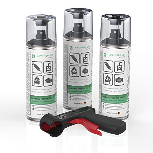 AUPROTEC Lackspray AUPROTHERM 650 schwarz Motor Lack Sprühlack Hitzefest 650°C Spray 3x 400ml + 1x Original Pistolengriff von AUPROTEC