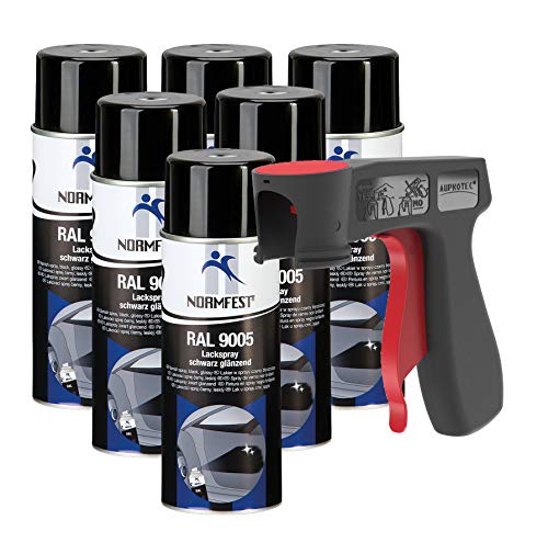 AUPROTEC Lackspray RAL 9005 schwarz glänzend Sprühlack Glanzlack Auto Lack Spray 6x 400ml + 1x Original Pistolengriff von AUPROTEC