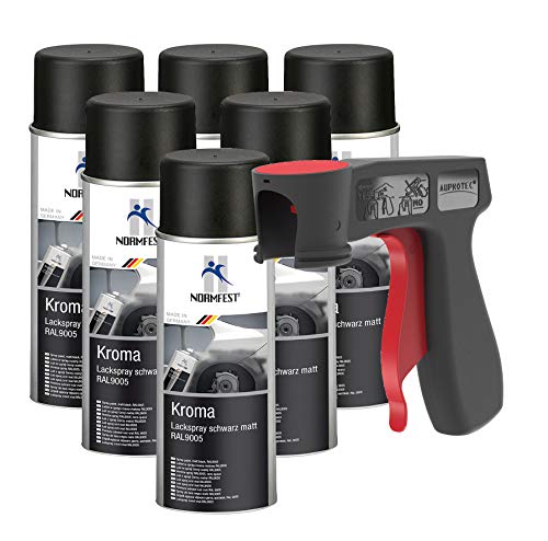 AUPROTEC Pistolengriff + Normfest Lackspray Autolack Schwarz Matt Kroma Sprühlack Farb Spray 6x 400ml von AUPROTEC