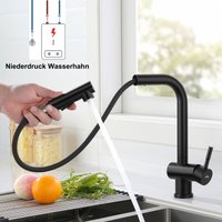 Auralum - Schwarz Niederdruck Küchenarmatur, ausziehbar Wasserhahn Küche, Einhebelmischer 360° Drehbar, Spültischarmatur Küche aus Edelstahl von AURALUM