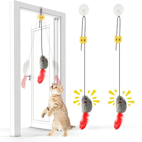 AURIVEE Katzenspielzeug 2 Stück, Hängendes Feder-Spielzeug für Türrahmen, Quietschmaus mit Federschwanz, Batterieloses Interaktives Spielzeug für Katzen von AURIVEE