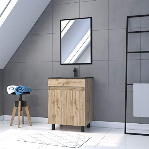 AURLANE Timber 60_Pack01 Schrank-Set SDB auf Füßen, 2 Türen, Chene_Waschtisch, Schwarz + Spiegel von AURLANE