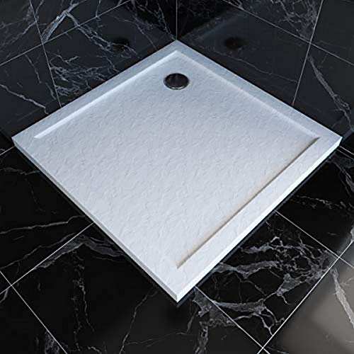 Duschwanne zum Aufstellen, quadratisch, extra flach, aus Acryl, verstärkt, Weiß, Stein-Finish – 90 x 90 cm von AURLANE