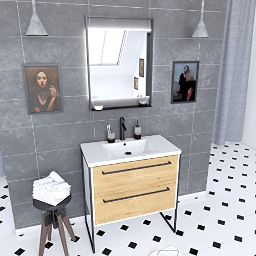 AURLANE Badezimmermöbel-Set, 80 x 50 cm, Weiß – 2 Schubladen weiß – Waschbecken weiß – LED-Spiegel von AURLANE