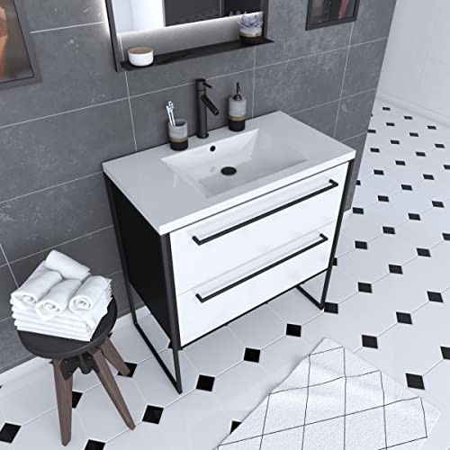 AURLANE Badezimmermöbel, 80 x 50 cm, Schwarz matt – 2 Schubladen Weiß – Waschbecken weiß – Strukturura F034 AURLANE Badezimmermöbel, 80 x 50 cm, Schwarz matt – 2 Schubladen Weiß – Waschbecken weiß – Strukturura F034 von AURLANE