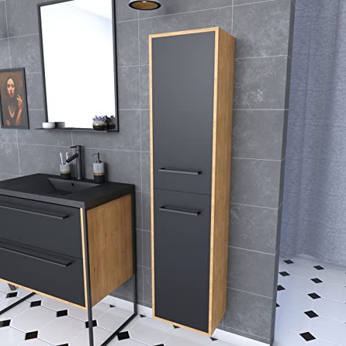AURLANE Strukturura F083 Badezimmer-Säule, Eichenbraun, 30 x 35 x 150 cm, mit 2 Türen und Griffen, Schwarz matt von AURLANE