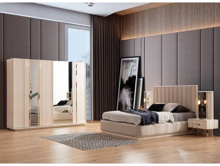 JulietHome Schlafzimmer-Set Aurum, (Set, Kleiderschrank, Boxspringbett, Kommode mit Spiegel, 2 Nachttische), integrierte Bettlampen, beige von AURUM