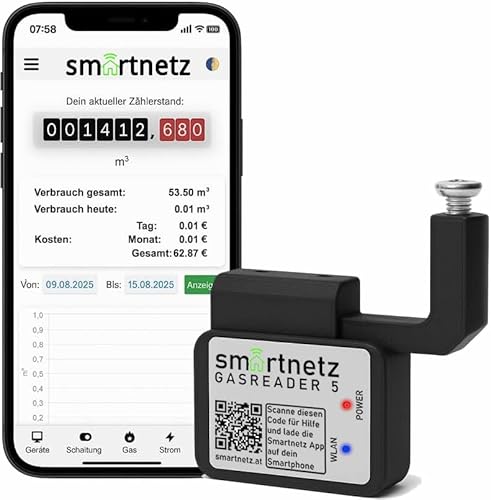 Smartnetz Smart Gas Reader 5 BK4 / BK G4- WiFi mit APP Anbindung & Tasmota INAPP Fernsteuerung | WLAN | MQTT | HOMEASSISTANT | Für alle BK4 Modelle Gaszähler AUSLESEN (Gasreader 5) von AURUM