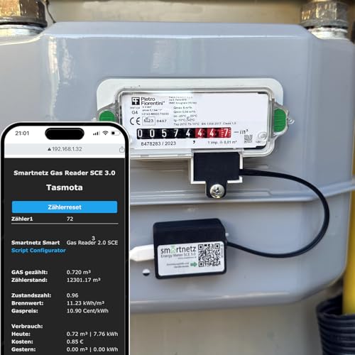 Smartnetz Smart Gas Reader für RS Gaszähler Pietro Fiorentini/SAMGAS- WiFi mit TASMOTA vorinstalliert | WLAN | MQTT | RS Gaszähler AUSLESEN von AURUM