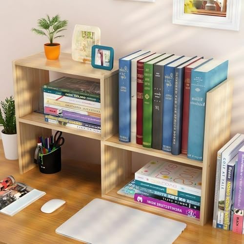 AUSHOPLAH ﻿Minimalistisches Holz-Bücherregal, Schreibtisch-Organizer, 60x35x15 cm, 3 Etagen, Verstellbare Breite, Büroaufbewahrung E280 (Holz) von AUSHOPLAH