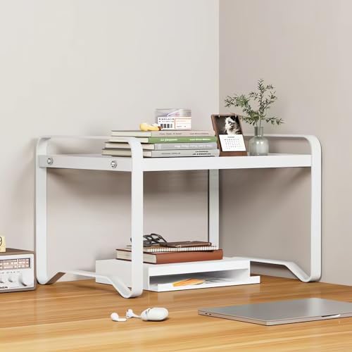 AUSHOPLAH Moderner Desktop Organizer Regal, Schwarz oder Weiß, Metall, 40x21x18cm, 2 Ebenen Bücherregale, Schreibtisch Aufbewahrung für Bücher und Bürobedarf E333 (Weiß) von AUSHOPLAH