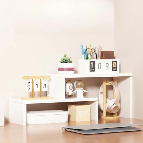 AUSHOPLAH Schreibtisch-Organizer-Regal, 2-stufiges Holz-Bücherregal, Minimalistisch, E68 (weiß, 60X12X24CM) von AUSHOPLAH