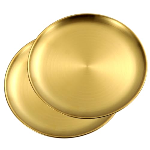 AUSHOPLAH Set von 2 Edelstahl Speiseteller Steak Salat Metall Speiseteller Pizza Pasta Runde Teller E02 (2 Stück Gold 23 CM) von AUSHOPLAH