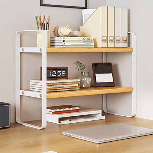 Schreibtisch-Organizer-Rack, Büro-Schreibtisch-Aufbewahrungsregal, Schreibtisch-Bücherregal aus Holz (Weiß + Holz) von AUSHOPLAH