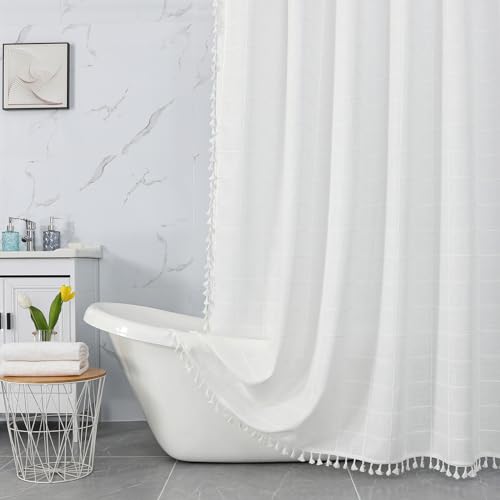 AUSOMGOO Farmhouse Duschvorhang 183 x 183 cm Weiß Boho Duschvorhänge für Badezimmer Baumwolle Leinen Quaste Badezimmer Duschvorhang Plaid Badewanne Vorhang für Dusche von AUSOMGOO