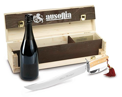 Ausonia - 61355 GESCHENKBOX AUS HOLZ MIT CHAMPAGNER-SÄBEL MIT KLINGE AUS GEHÄRTETEM AISI 420 MA4 EDELSTAHL MIT OLIVENHOLZGRIFF 34 CM UND EINE FLASCHE PROSECCO DI VALDOBBIADENE DOCG. von AUSONIA
