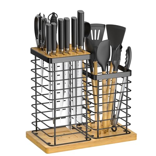 AUSYDE Messerhalter + Utensilienhalter, Universal Küchen Bambus Messerhalter ohne Messer, Moderner Küchenarbeitsplatten Utensilien Organizer, Küchenmesserblock mit Scherenschlitz und Wetzstab Loch von AUSYDE