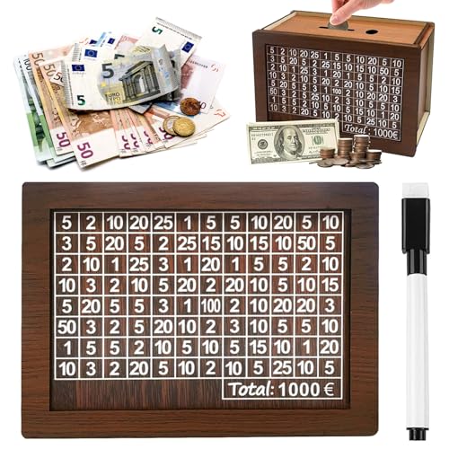 AUSYIWI Spardose Holz, Sparbox mit Zahlen Ankreuzen, Goalsaver Box, Spardose Mit Zähler, Spardose Kinder, Sparziel Sparschwein Mit Marker, Wiederverwendbare Spardose (1000€) von AUSYIWI