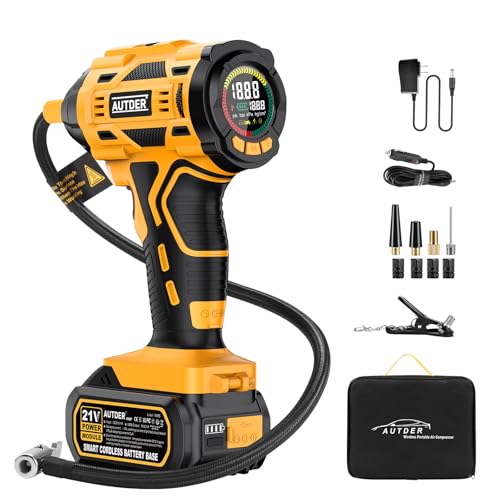 AUTDER 21V Akku Luftkompressor - 12,4 Bar/180 PSI Hochdruck Elektropumpe mit LED-Licht & Kühlsystem, Tragbarer Luftkompressor für Auto, Motorrad, Fahrrad inkl. 12V Netzteil & Sporttasche, Gelb-Schwarz AUTDER 21V Akku Luftkompressor - 12,4 Bar/180 PSI Hochdruck Elektropumpe mit LED-Licht & Kühlsystem, Tragbarer Luftkompressor für Auto, Motorrad, Fahrrad inkl. 12V Netzteil & Sporttasche, Gelb-Schwarz von AUTDER
