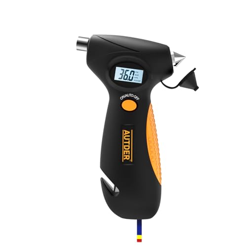 AUTDER 5-in-1 Digitaler Reifendruckprüfer mit LED-Arbeitslicht, Notfallhammer, Gurtschneider, Profiltiefenmesser und beleuchtetem LCD - Tragbar, Langlebig und Ergonomisch für Autos, Lastwagen, Gelb von AUTDER