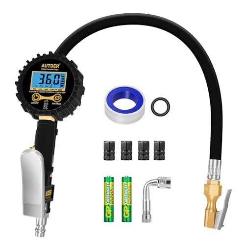 AUTDER Digitales Reifenluftdruckmessgerät mit LCD-Display, 250 PSI, 3-in-1 Inflator, Robuster Gummischlauch und Schnellanschlusskupplung – Für Autos, Lkw, Motorräder, Fahrräder und Sportbälle, Gelb von AUTDER