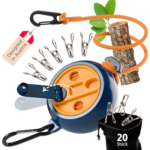 AUTDOOR® Wäscheleine ausziehbar - mit ausklappbarer Handkurbel für müheloses Aufrollen - Robuste 10m Reisewäscheleine für Camping, Wohnmobil & Balkon (Blau) von AUTDOOR