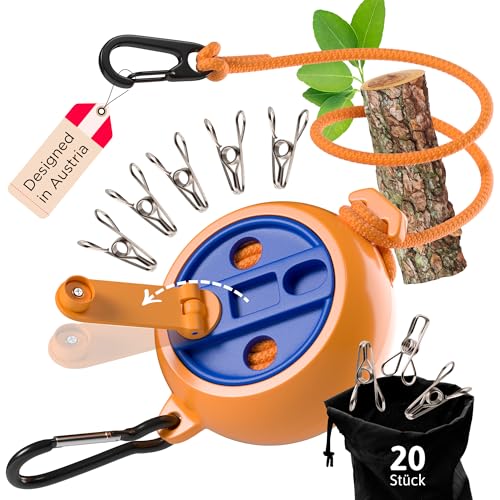 AUTDOOR® Wäscheleine ausziehbar - mit ausklappbarer Handkurbel für müheloses Aufrollen - Robuste 10m Reisewäscheleine für Camping, Wohnmobil & Balkon (Orange) von AUTDOOR
