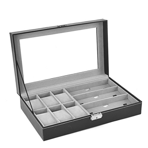 AUTOARK PU-Leder 6 Uhren Box Jewelry Case und 3 Stück Brillen Aufbewahrung und Sonnenbrille Brille Display Fall Organizer,Schwarz,AW-004 von AUTOARK