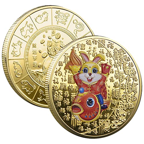 1 Stück Chinesische Neujahrs-Kaninchen-Münzen, Chinesisches Tierkreis-Häschen-Jahr-Vermögens-Gedenkmünzen, Doppelseitige Farbe-Kaninchen-Sammlermünze, Kaninchen-Jahr-Souvenir-Münzen, Dekoration von AUTOECHO