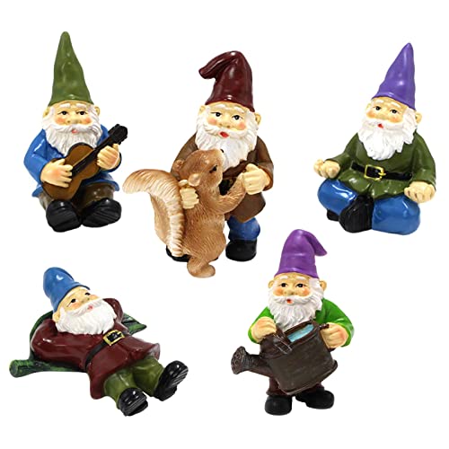 AUTOECHO Miniatur-GNOME-Figuren-Set mit 5 Gartenzwergen, Ornamente mit Pfählen, Feen-Gartenzwerge-Figuren für Topfpflanzen und -Garten-Rasen-Dekorationen von AUTOECHO