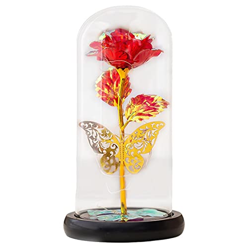 AUTOECHO Rose in Glaskuppel mit Lichtern - LED Forever Flower mit Goldfolie Schmetterling - Künstliche ewige Rose für Frauen Freundin Frau, Geburtstag, Jubiläum, Erntedankfest von AUTOECHO