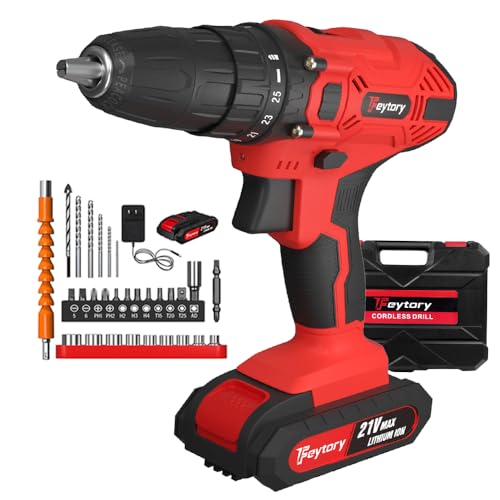 Akku Bohrmaschine 21V Akku Akkuschrauber Set mit 3/8'' Metallfutter, 25+1 Drehmomentstufen, LED-Licht, 45Nm, Elektrisch Bohrschrauber Set inkl. 1x Akkus, 29pcs Zubehöre, Ladegerät und Koffer(Rot) von AUTOFU