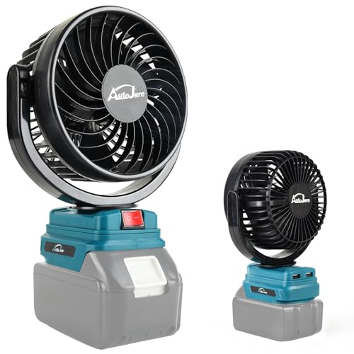AUTOJARE 5 zoll Akku-Lüfter Kompatibel mit Makita 18V Mini Ventilator mit 2 USB-Aufladung 360° drehbar Tragbarer Lüfter für Camping, Werkstatt, Haushalt und Baustellen (Ohne Akku) von AUTOJARE