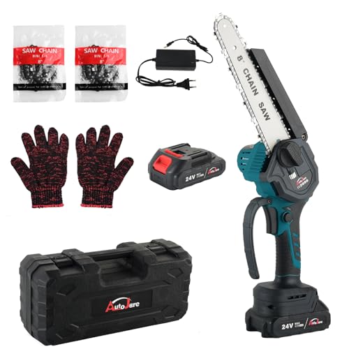 AUTOJARE 8 zoll Mini Elektro Säge 1000W Elektro Akku Kettensäge mit Automatischer Öler 24V Handkettensäge zum Schneiden von Zweigen und Holz mit 2 Batterien und 2 Ketten (Blau) von AUTOJARE