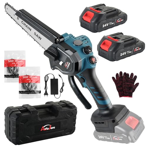 AUTOJARE Mini Kettensäge 8 zoll Akku Kettensäge mit Automatischer Öler 2 Batterien und 2 Ketten 1000W Handkettensäge 24V Tragbare Elektro Säge zum Schneiden von Zweigen und Holz von AUTOJARE