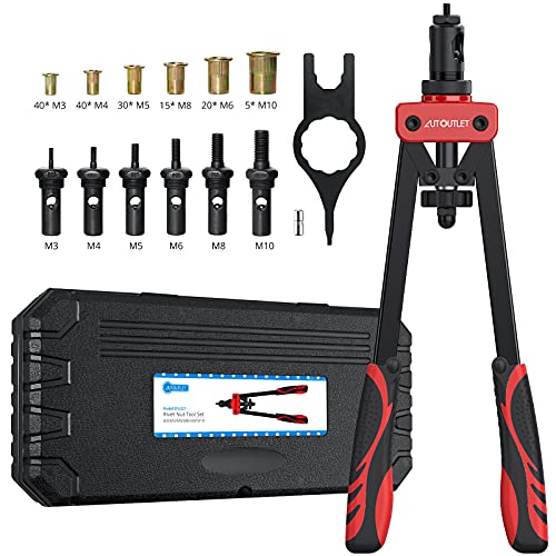 AUTOUTLET Nietmutternzange Set, 14" Profi Nietzangen Nietmutterzange mit 6 Austauschbare Dorne M3 M4 M5 M6 M8 M10 und 150PCS Nietmuttern, Gewindenietzange Nietmaschine Nietmutter Zange Werkzeug(Rot) von AUTOUTLET