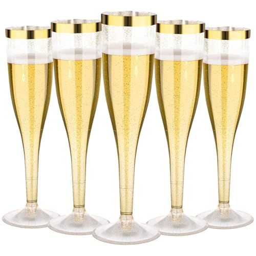 AUTOWNLUX 30 Stück Sektgläser Plastik, 150ml Champagner Gläser mit Goldrand und Goldglitter aus Kunststoff, Sektglas Plastik Mehrweg für Mimosa Bar Hochzeit Party Picknick im Freien von AUTOWNLUX
