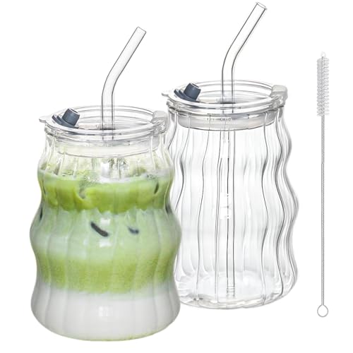 AUTOWNLUX Gerippte Trinkgläser mit Glasstrohhalmen 2er Set, 530ml – Vintage Blasenglas für Eiskaffee, Longdrinks, Cocktails & Wasser, stilvolle wave Glasbecher von AUTOWNLUX