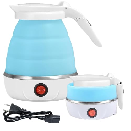AUTOWNLUX Silikon Faltbarer Wasserkocher 0.6L Reise Tragbarer Wasserkocher Mini Faltbare Wasserkocher 5 Minuten Schnelles Kochen für Outdoor Camping Wandern (Blau) von AUTOWNLUX