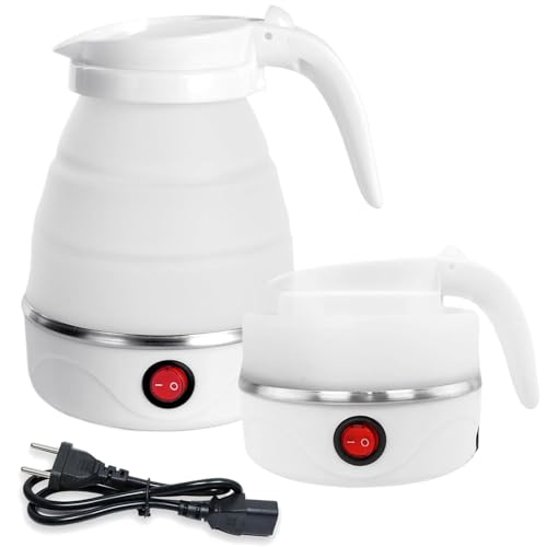 AUTOWNLUX Silikon Faltbarer Wasserkocher 0.6L Reise Tragbarer Wasserkocher Mini Faltbare Wasserkocher 5 Minuten Schnelles Kochen für Outdoor Camping Wandern (Weiße) von AUTOWNLUX