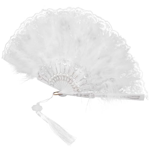 AUTSUPPL Vintage Spitzen Fächer Handfächer Damen Faltbarer Handfächer mit Federn und Leicht zu Öffnen Eleganter Tanz Cosplay-accessoire Weißer Spitzenfächer für Sommer Hochzeit Party von AUTSUPPL