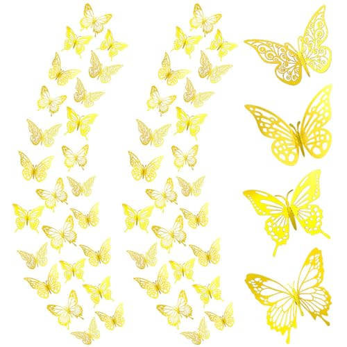 48 Stück 3D Schmetterlinge Deko, Schmetterling Wandaufkleber Dekoration Hohl Butterfly Abnehmbar DIY Deko Schmetterlinge für Heim Hochzeit Dekor(Gold) von AUTUUCKEE